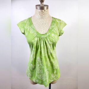 Banana Republic Green Women's Top White Leaf Pattern Cap Sleeves, sz XS